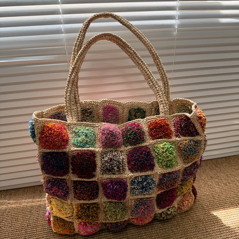 Bohemian Lafite Square Staw Handbags Casual Paper Woven Handle Women Hand Bags Handmade Summe Beach Bag Large Tote Purse