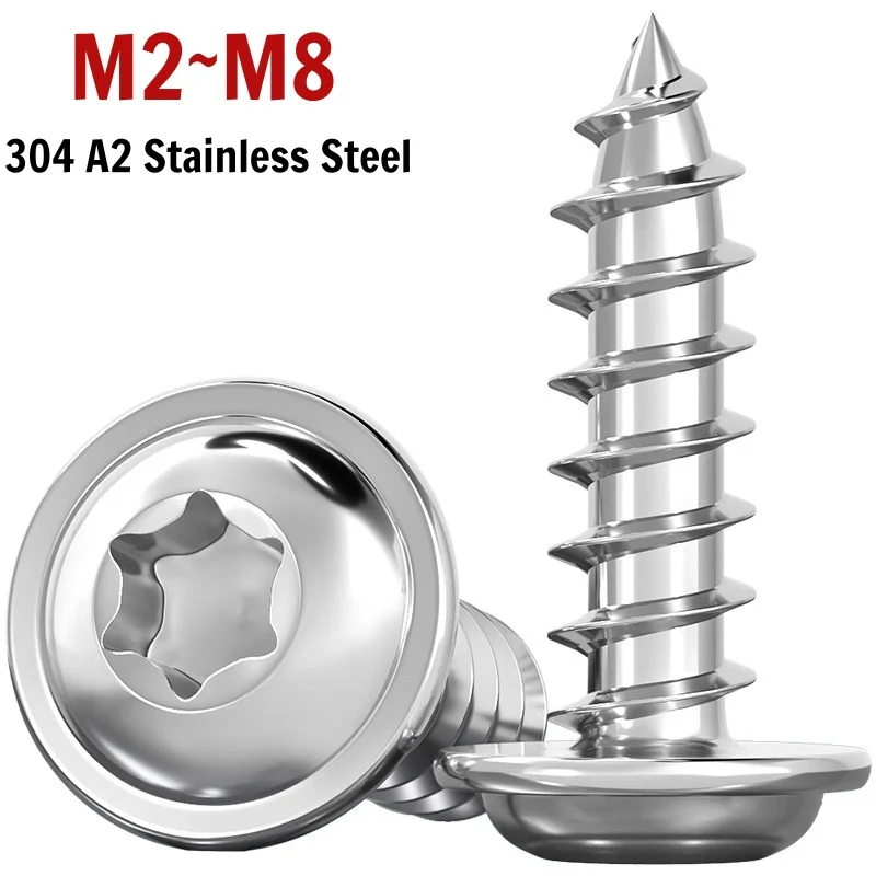 M2 M3 M4 M5 M6 M8 304 A2 Edelstahl Sechsrund-Torx-Flachkopfschraube mit Unterlegscheibe und Kragen, selbstschneidende Holzschraube mit Diebstahlschutz