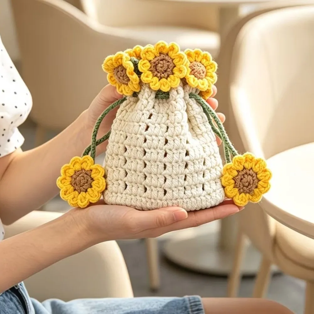 Handwoven Sunflower Design Organizer Pouch Tie Closure Adjustable Rope Hanging Storage Bag Crochet Mini Makeup Bag Travel