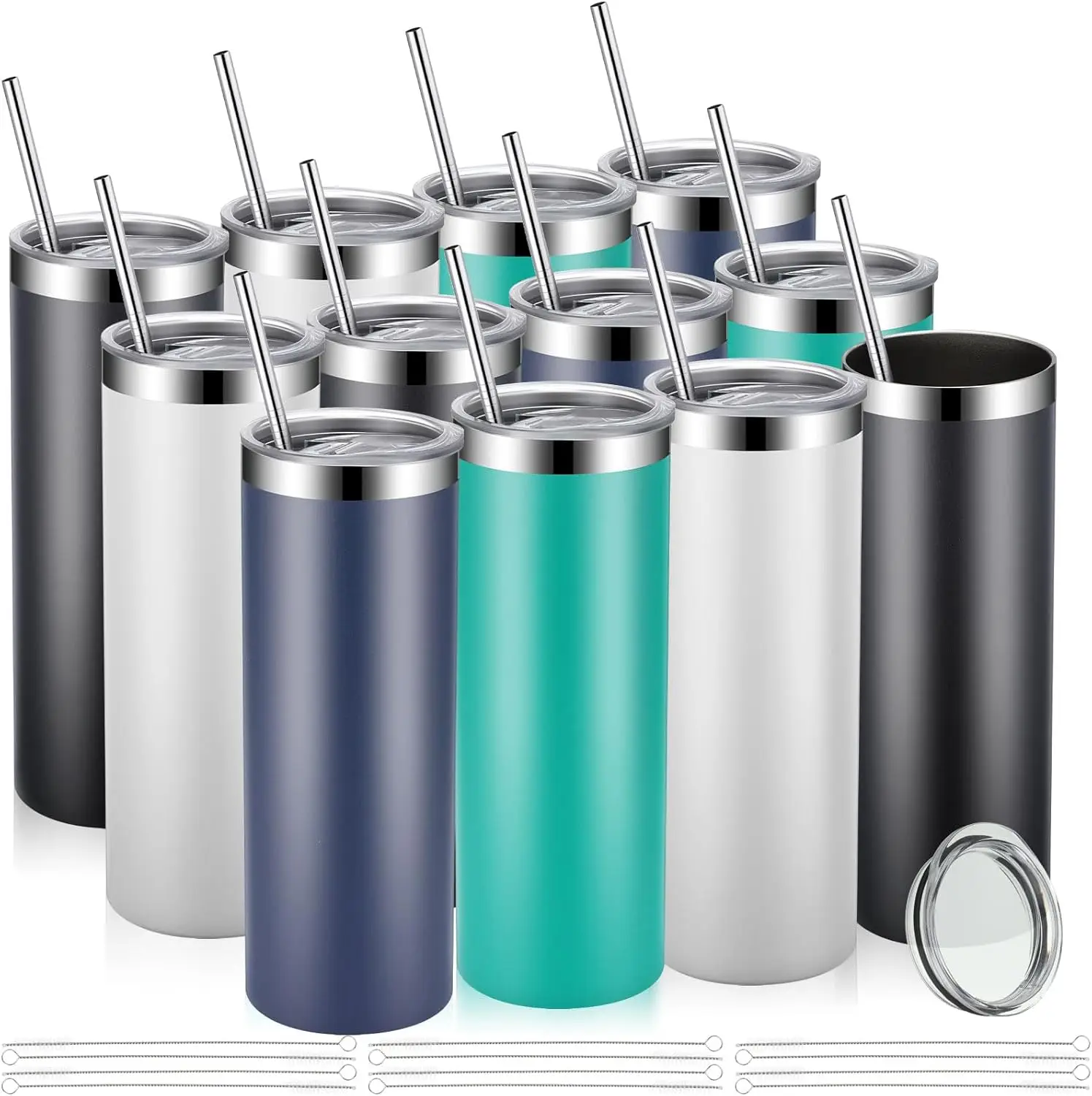 

20 oz Skinny Tumbler Set of 12 - Stainless Steel Insulated Cups with Lids & Straws for Travel, DIY