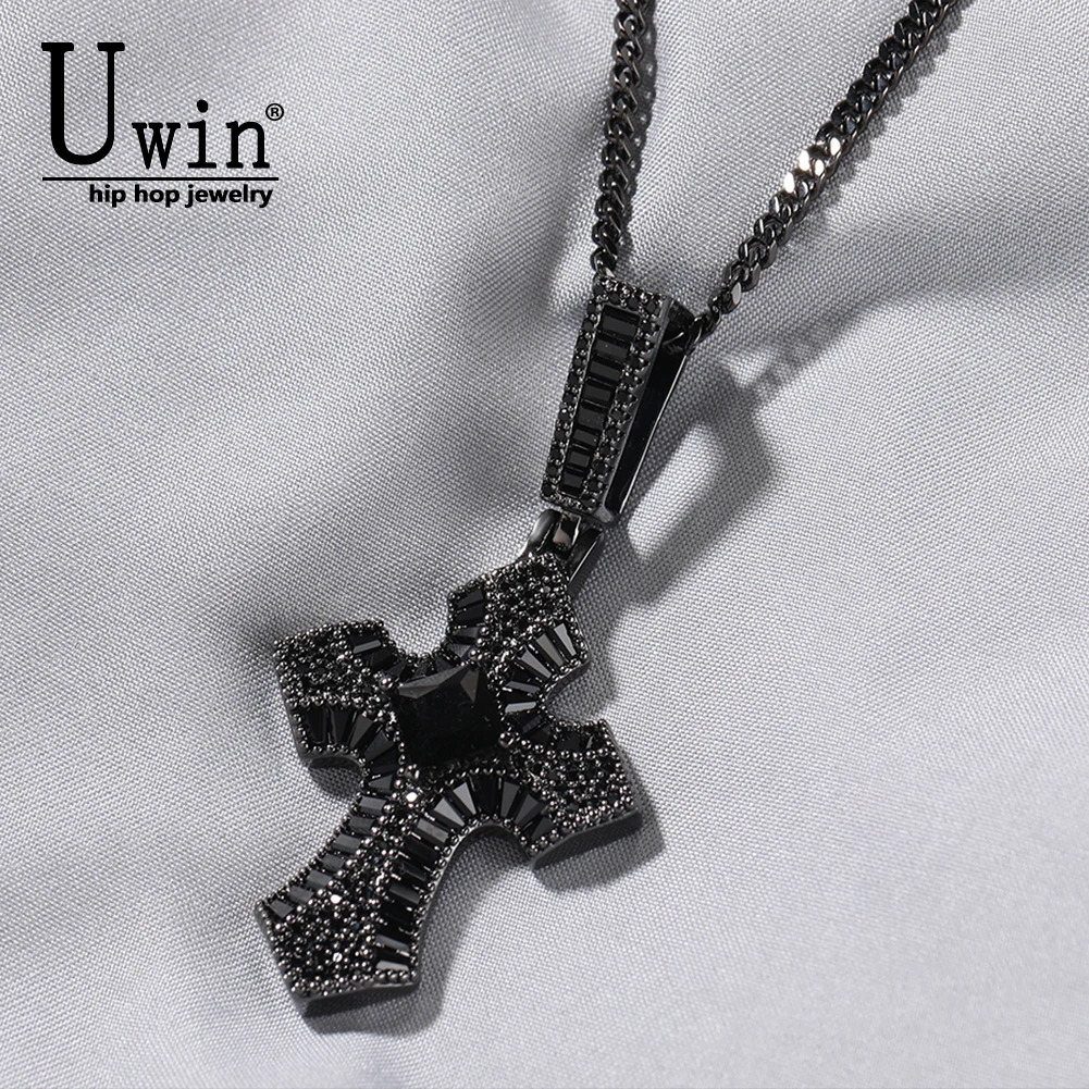 

Uwin Cross Pendant 2 Size Iced Out Cubic Zirconia Fashion Necklaces Balck Pink Iced Out CZ Jewlry