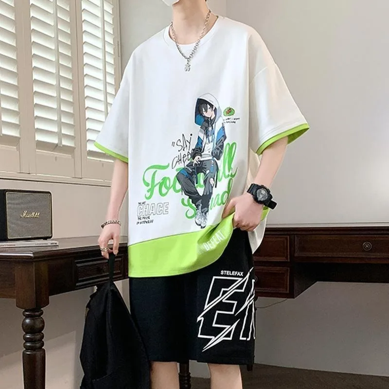 Summer Boys' Sports Set Korean Style High Street Harajuku Leisure Set Men's Clothing Loose T-shirt Shorts 2 Piece Sets New 2025