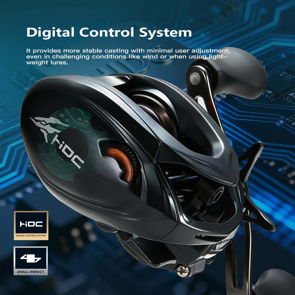 Carrete de Pesca Cylius HIDC DC 152g de Carbono para Baitcasting, Relación de Engranajes 7.1:1, 10+1 Rodamientos, Arrastre Máximo 5kg, Resistente al Agua de Mar, Control Digital