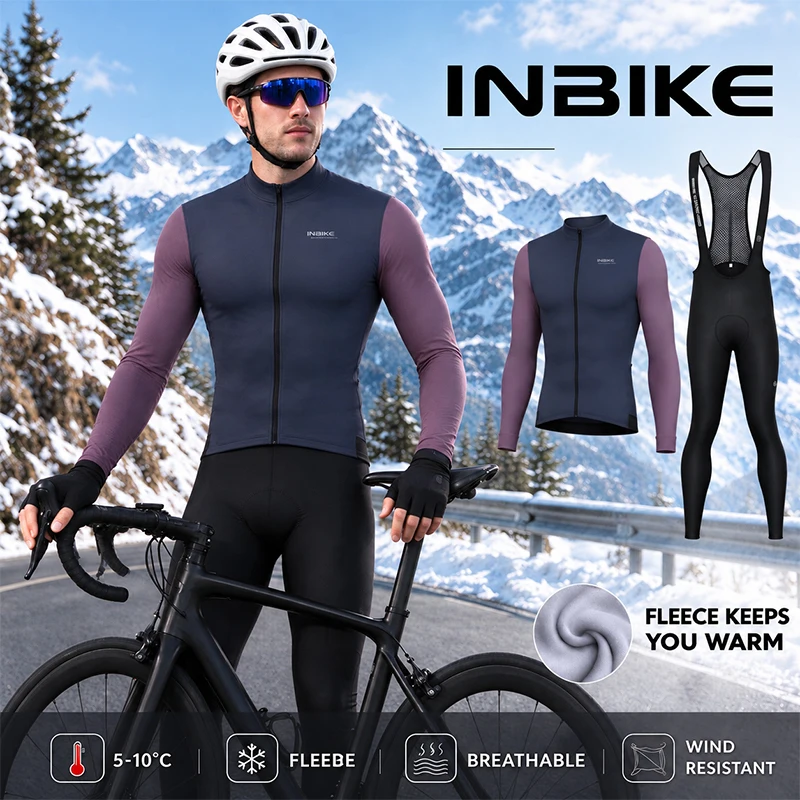 INBIKE Winter Fleece Cycling Sets Warm Long Sleeve Jersey with Pockets Long Bicycle Bib Pants MTB Clothing for Road Bikes Biking