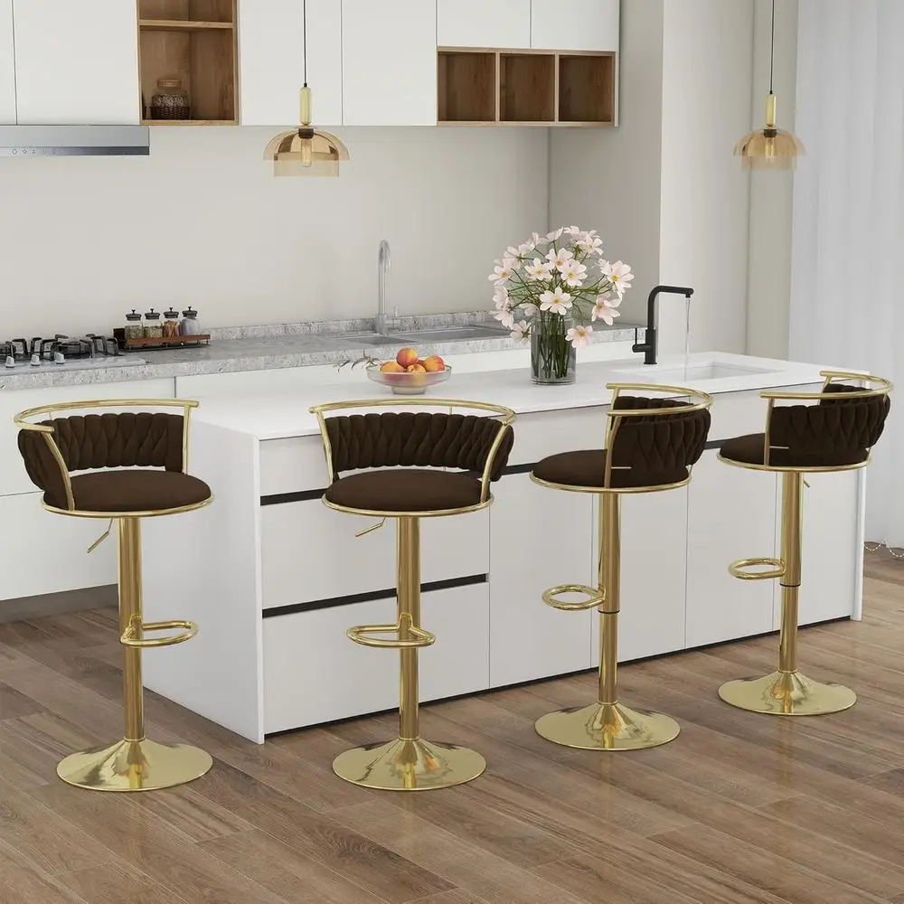 

Adjustable Velvet Swivel Stools, Low Back Counter Height Chairs with Footrest, Modern Gold Kitchen Island Bar Set of 4