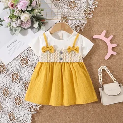 (0-3 Years Old) Summer Baby Girl Cotton Color Blocking Fake Two-Piece Shoulder Strap Dress Girl Cute Bow Beach Dress