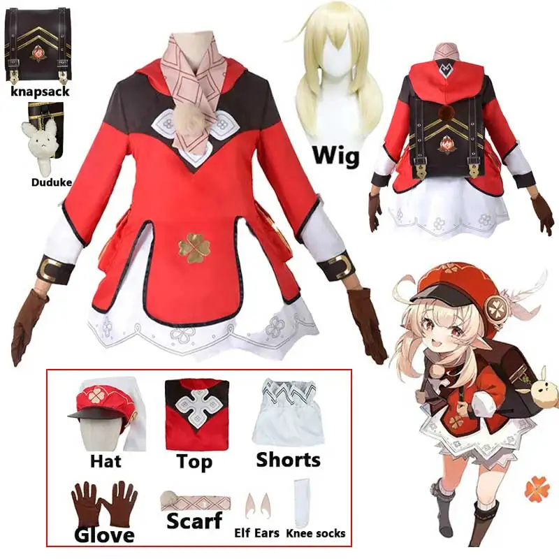 

Klee Cosplay Costume Game Genshin Impact Woman Kids Halloween Carnival Red Dress Loli Hat Ears Wig Knapsack Full Set Props