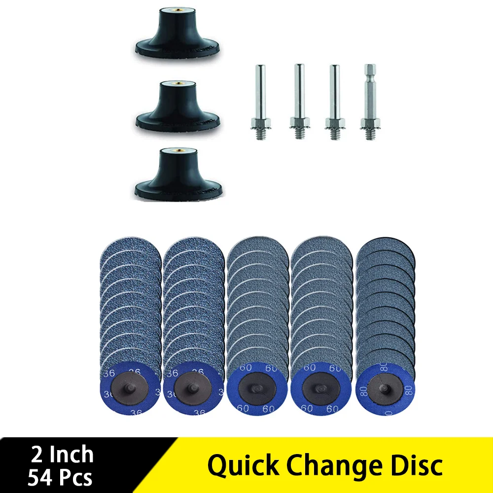 

2 Inch Quick Change Disc 54 Pcs with 1/4'' Shank Assorted 36/60/80 Grits for Woodworking Carving Fabrication Construction