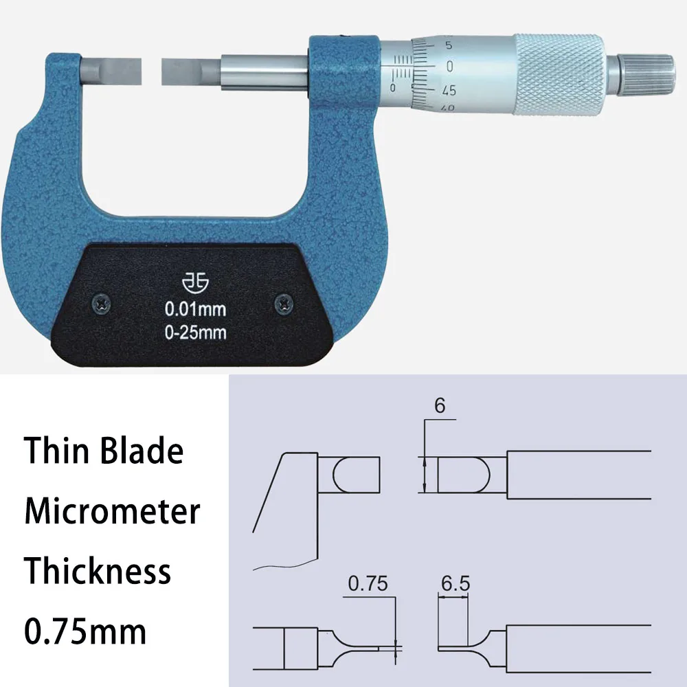 Thin blade Micrometers Thickness 0.75mm measure narrow groove Outside diameter deep into gap circle step long 6.5mm double