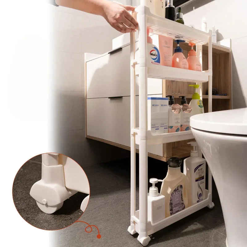 3/4 layer narrow movable storage rack, slim gap trolley behind bathroom door or toilet, kitchen organizer for tiny floor spaces