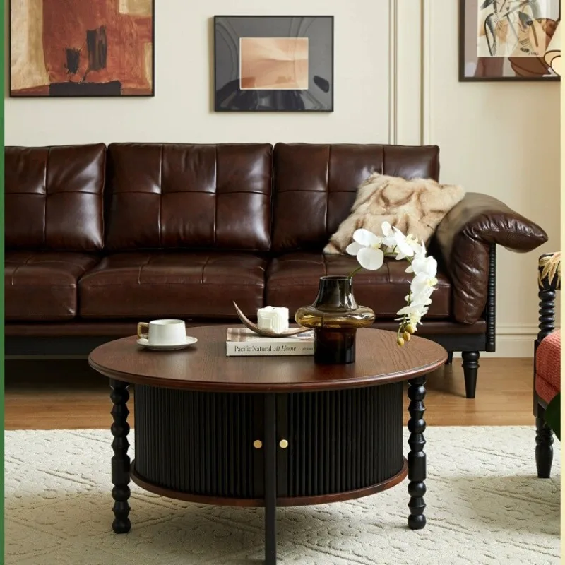 

French retro round coffee table household living room coffee table tea table combination small apartment medium and ancient styl