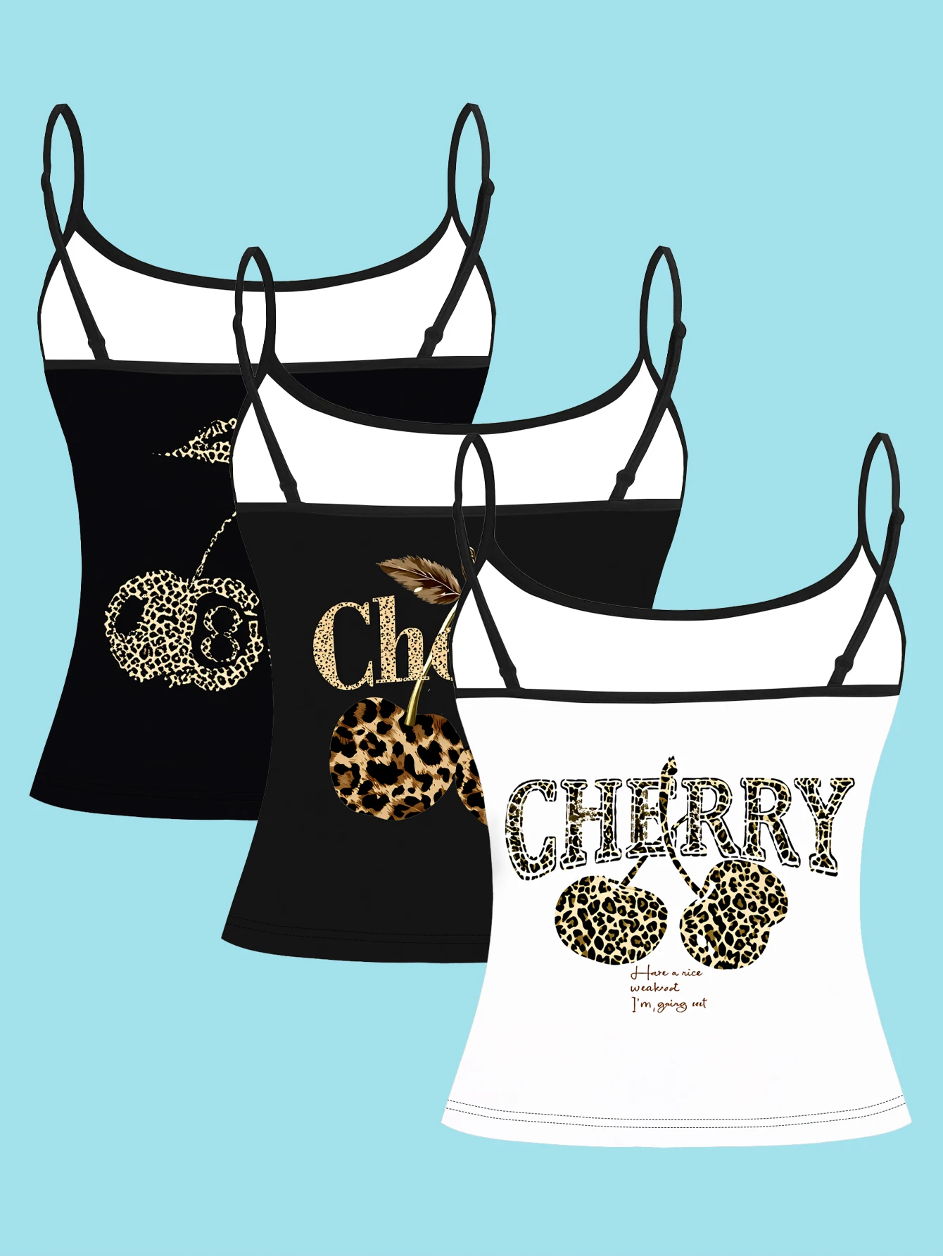 3-Pack Women's Leopard Print Cherry Pattern Spaghetti Strap Tank Top, American Retro Style Base Shirt, Summer Slim Fit Sleeveless Top for Layering or Wearing Alone, Available in Black and White