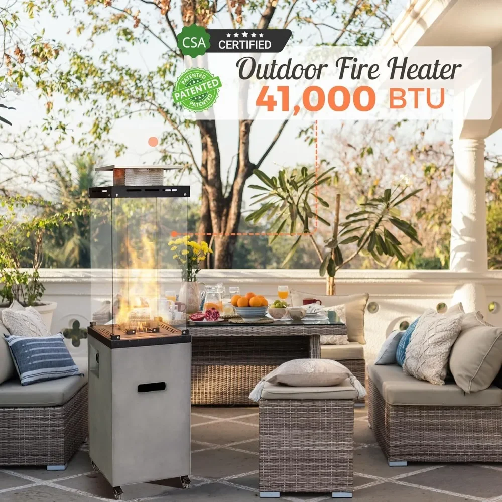 Outdoor Patio Propane Fire Heater with Weather Cover Glass 41000 BTU Fireplace Patented & CSA Certificated, Cement