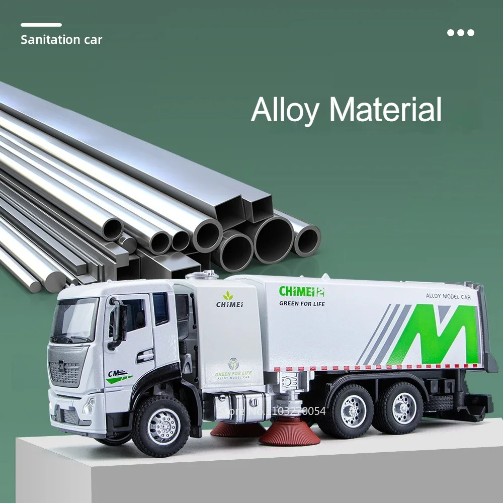 1/32 Urban Sanitation Cleaning Car Model Toys Diecast Alloy Vehicle Doors Opened Rubber Tires Sound Light Pull Back Toy Kid Gift