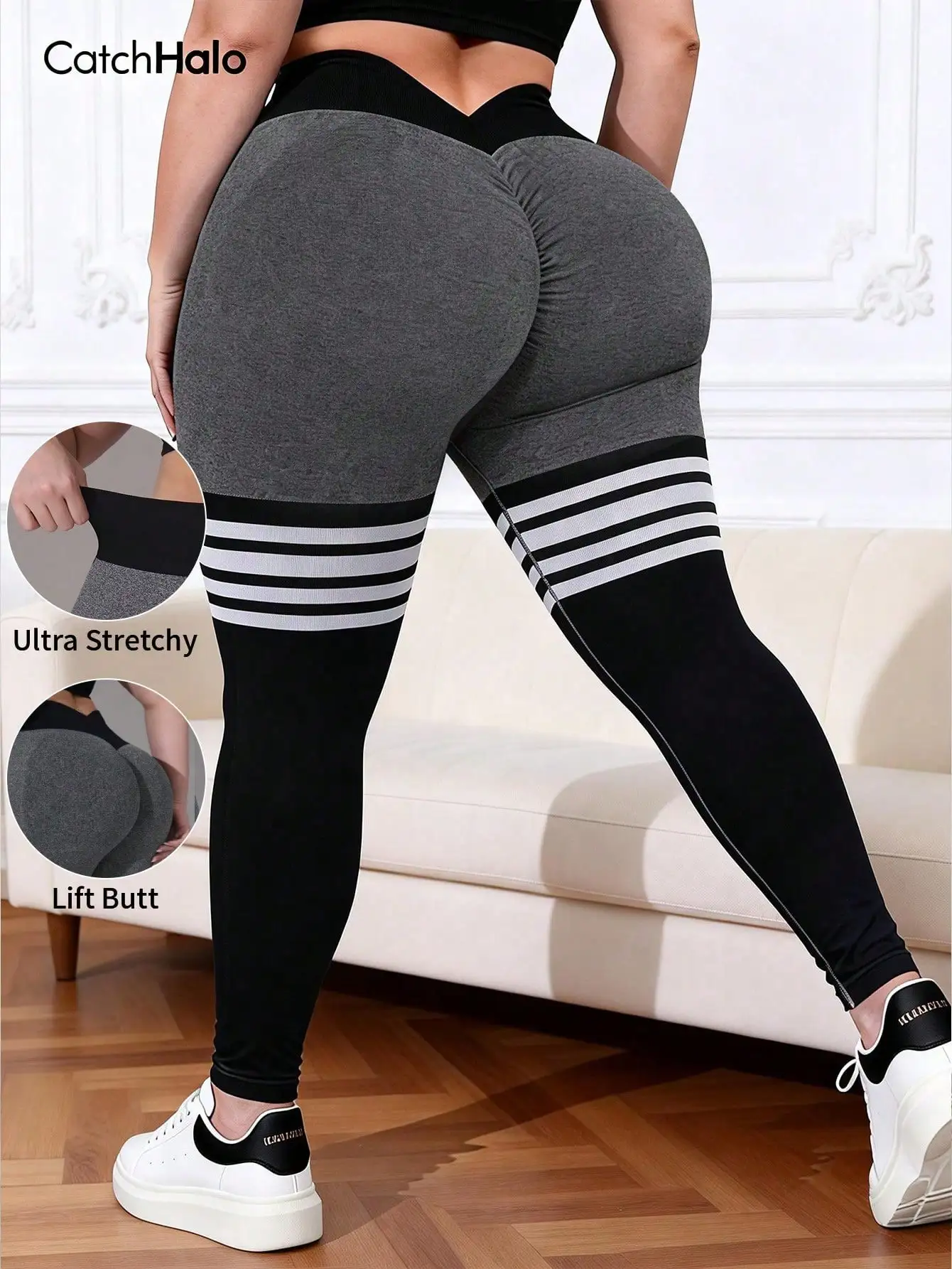 Plus Size Women Seamless Yoga Leggings Contrast Stripe High Waist Tummy Control Butt Lift Fitness Workout Gym Tights