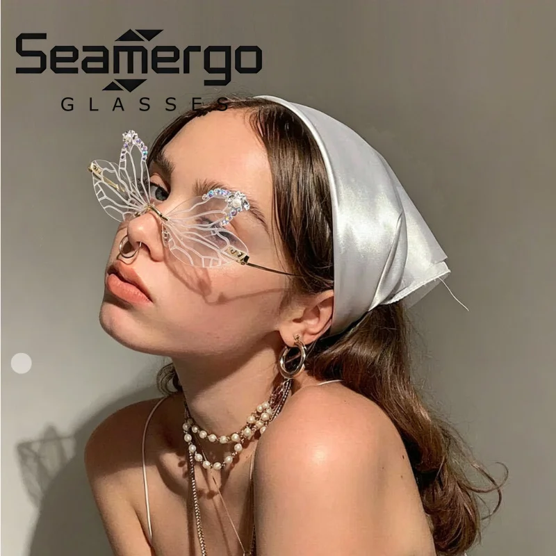 SEAMERGO Trendige Rahmenlose Libellenflügel-Schmetterlings-Sonnenbrille für Damen mit Strass-Einlage für Tanzpartys und Accessoires