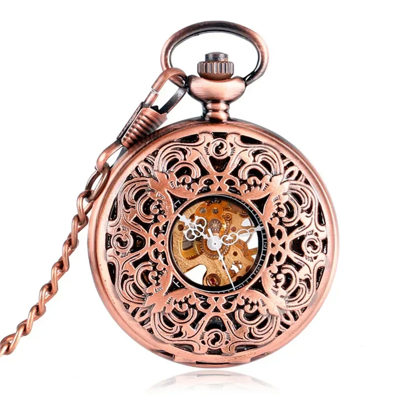 Classic Rose Gold Pocket Watch Skeleton Handwinding Mechanical Clock Carving Flower Design Pendant Chain Roman Number Dial Gift