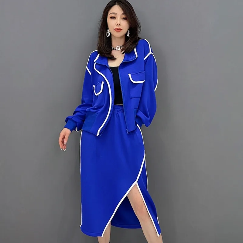 Vefadisa Stripe Splicing Zipper Cardigan Coat Suit Women + Elastic Waist Irregular Split Skirt Suit 2024 Spring Autumn LHX2103