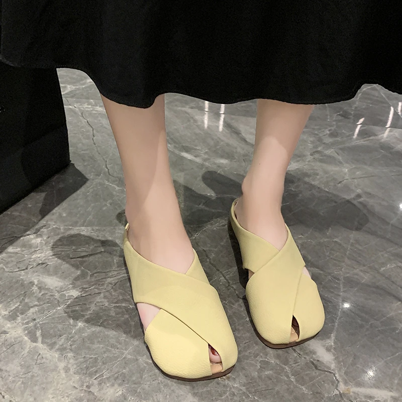 New Leather Slippers Women Spring Summer Mules Shoes Square Toe Flat Sandals Casual Shoes Zapatos De Mujer