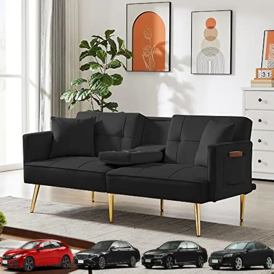 

Button Tufted Velvet Futon Sofa Bed Sleeper Sofabed Modern Folding Convertible Recliner Lounge Daybed for Living Room with 2 Cup