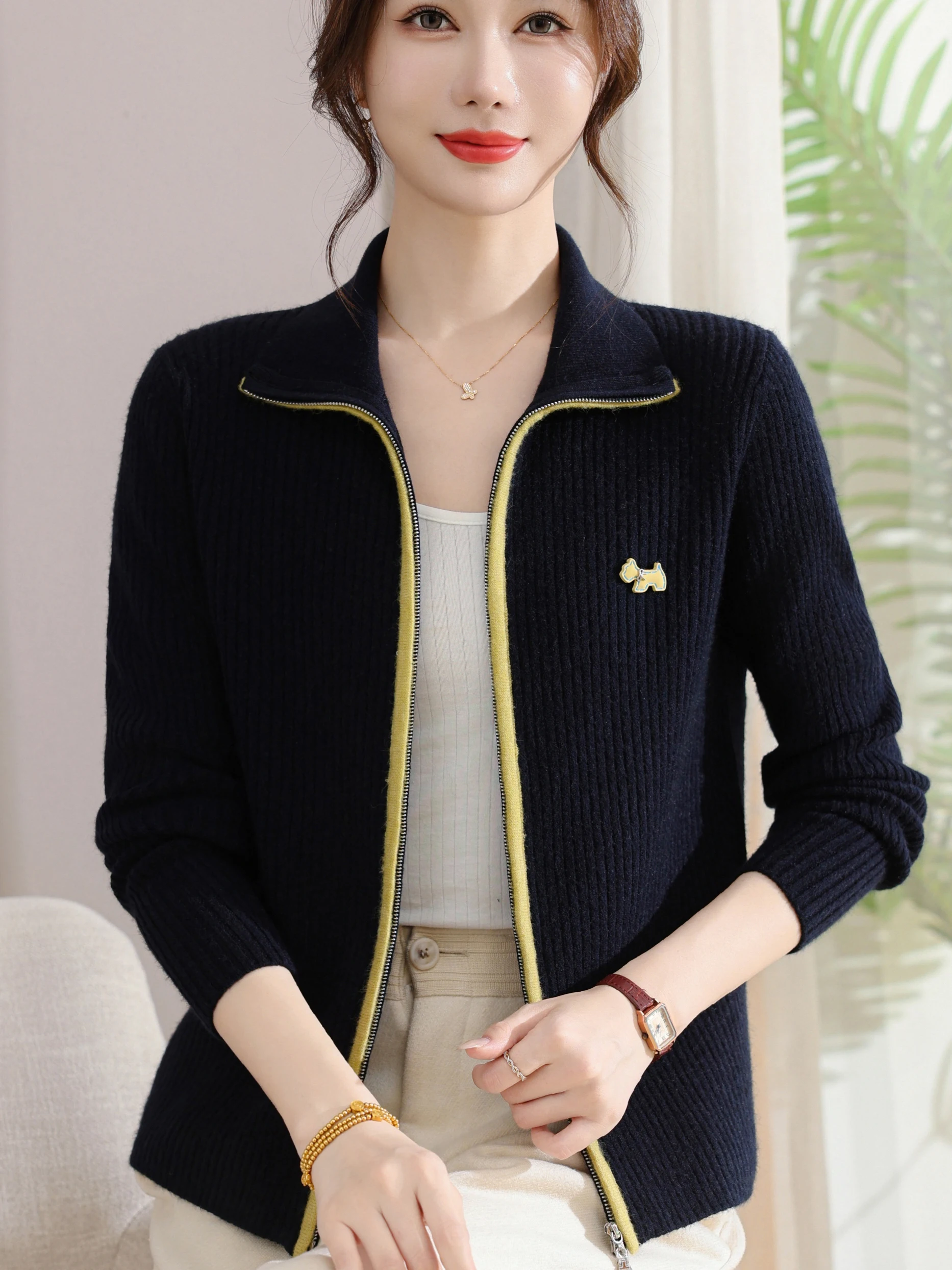 

Вязаный свитер на молнии Sli для среднего возраста и ли. Открытый кардиган с откидным воротником. Весенне-осенний утягивающий наряд для мамы.