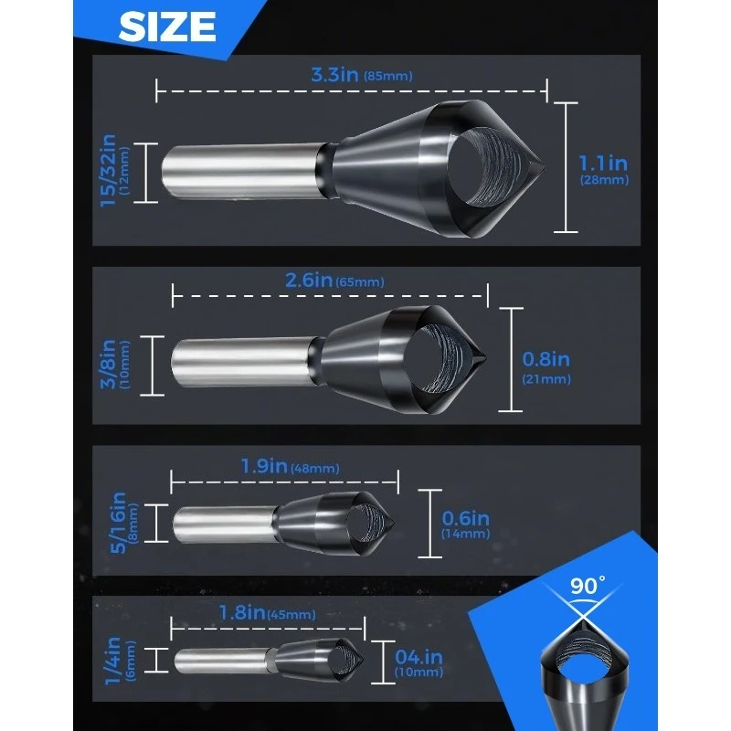 4 قطع من أداة الشطب المطلية TiAIN M35 لقمة الشطب 90 درجة مجموعة لقمة مثقاب للخشب والمعادن، شديدة التحمل