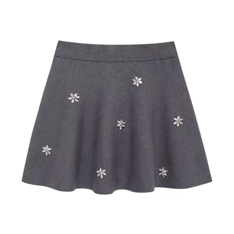 TRAF Jewelry inlaid knitted mini skirt For Women Autumn Sexy Knit Casual Elastic Ribbed waist Short Skirts Female Skirt