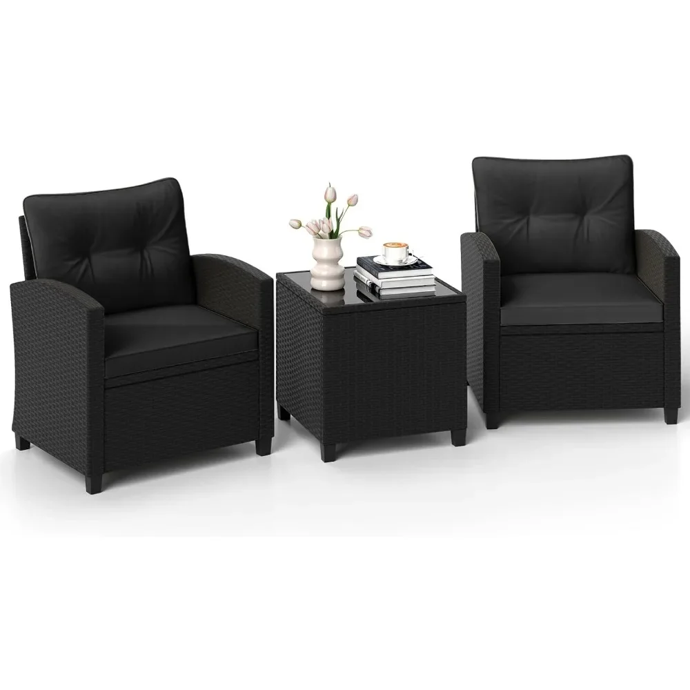 

3 Pieces Patio Furniture Set, Wicker Conversation Set Outdoor Chairs with Cushions, Glass Coffee Table, Rattan Bistro Se