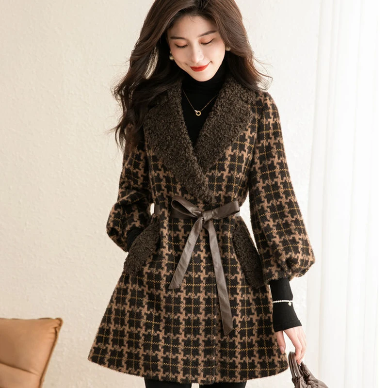 Frauen Wolle Mantel 2024New Herbst Winter gitter Woolen Jacke Frauen Koreanische Mittleren Alters Weibliche Mid Langen Mantel Windjacke Weibliche