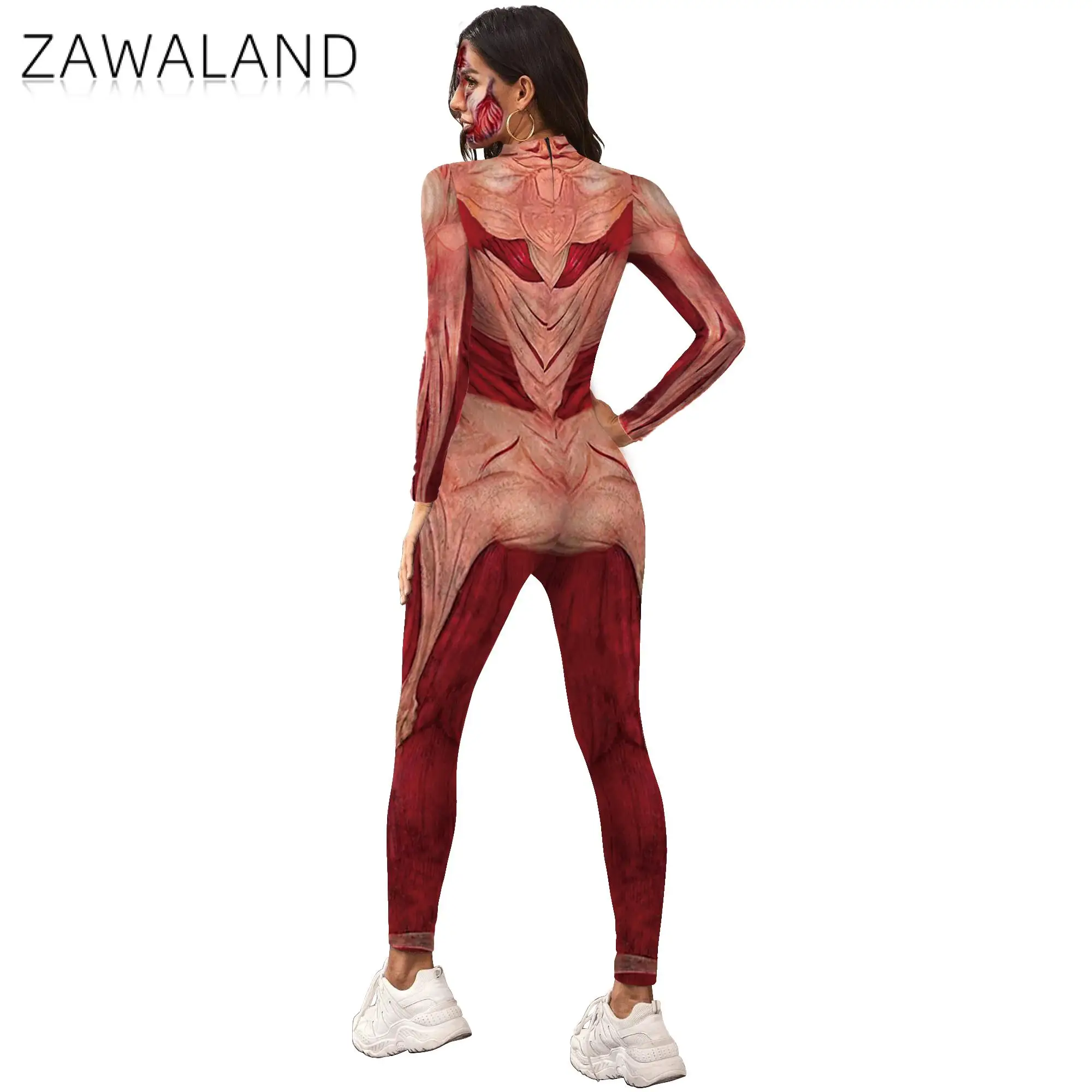 Zawaland dia das bruxas corpo muscular 3d impressão engraçado macacões para adulto esqueleto traje desempenho outfits zentai bodysuits