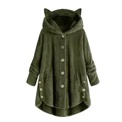 Cute Thick Plush Women Hoodies Winter Fur Cats Ears Hooded Irregular Hem Button Jacket Fleece Hoodies Coat