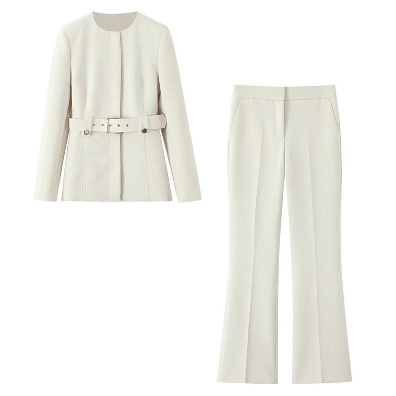 Willshela Women Fashion 2 Piece Set Beige Single Breasted Blazer & Vintage Front Zipper Trousers Feamle Chic Lady Pants Sets