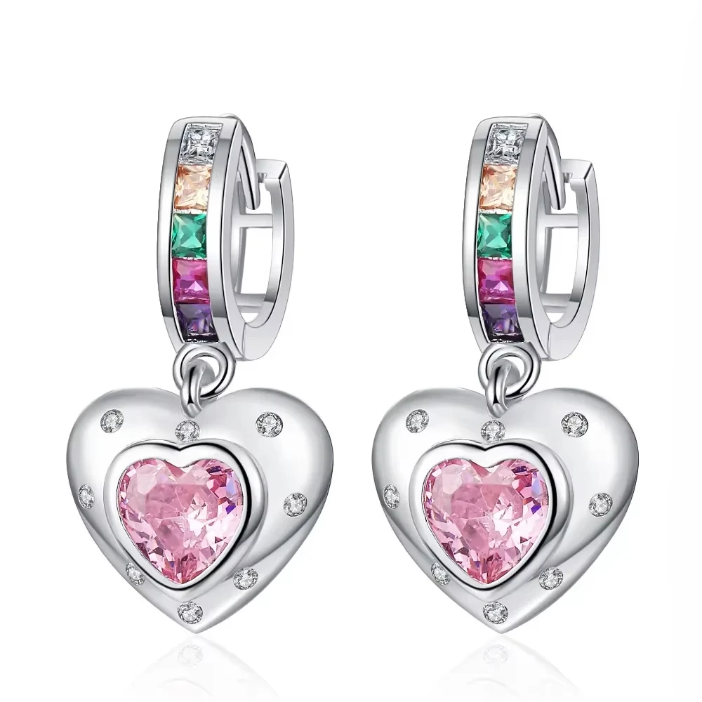 925 Sterling Silver Pink Crystal Love Heart Drop Hoop Earrings for Women Fashionable Trend Party Jewelry