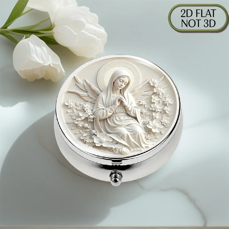 (Flat) 1pc food-grade portable round metal pill box, embossed with an angel and praying goddess design, suitable for travel and as a gift, with compartments for storing small decorative items, ideal for friends who love art.