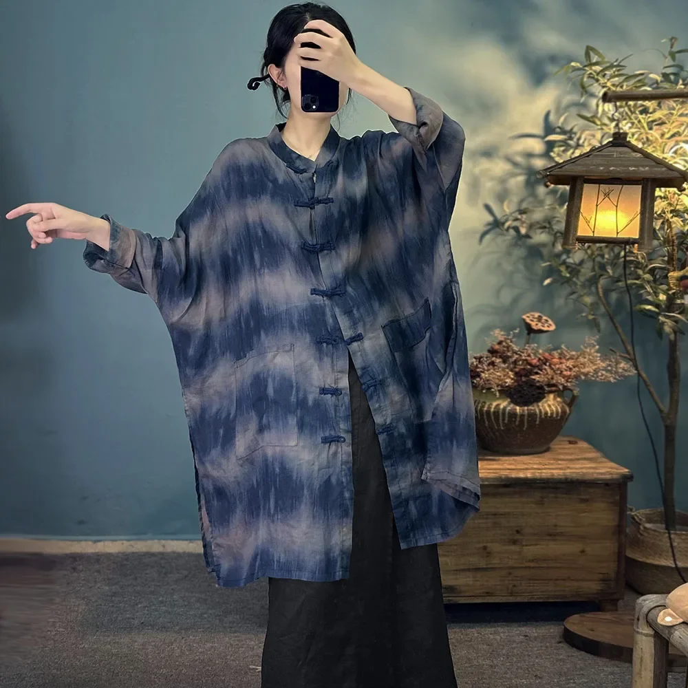 

Новый китайский пуговицы, супер свободный длинный плащ с рукавами «летучая мышь», женская винтажная рубашка Ramie Do в старом синем окрашенном стиле с асимметричным карманом и большим карманом