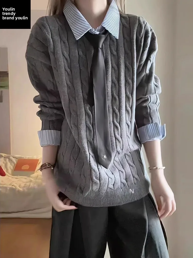 

ay irt Collar Sweater Men's Preppy Sle Knitted Cardigan Casual Inner Wear Twist Design Comfortable Loose Fit Autumn Wear