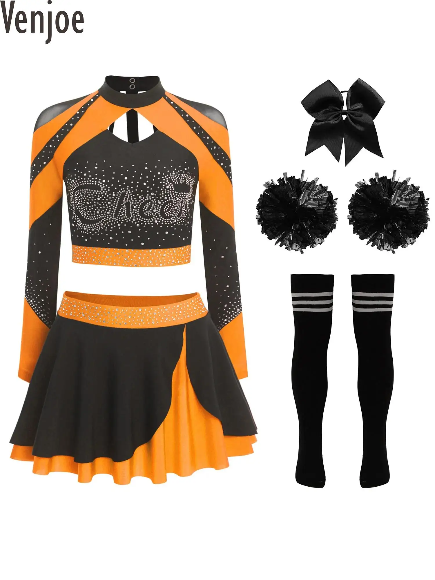 

Womens 5Pcs Cheerleading Uniform Shiny Rhinestones Crop Top Skating Skirt Flower Balls Socks and Bow Hairband for Stage
