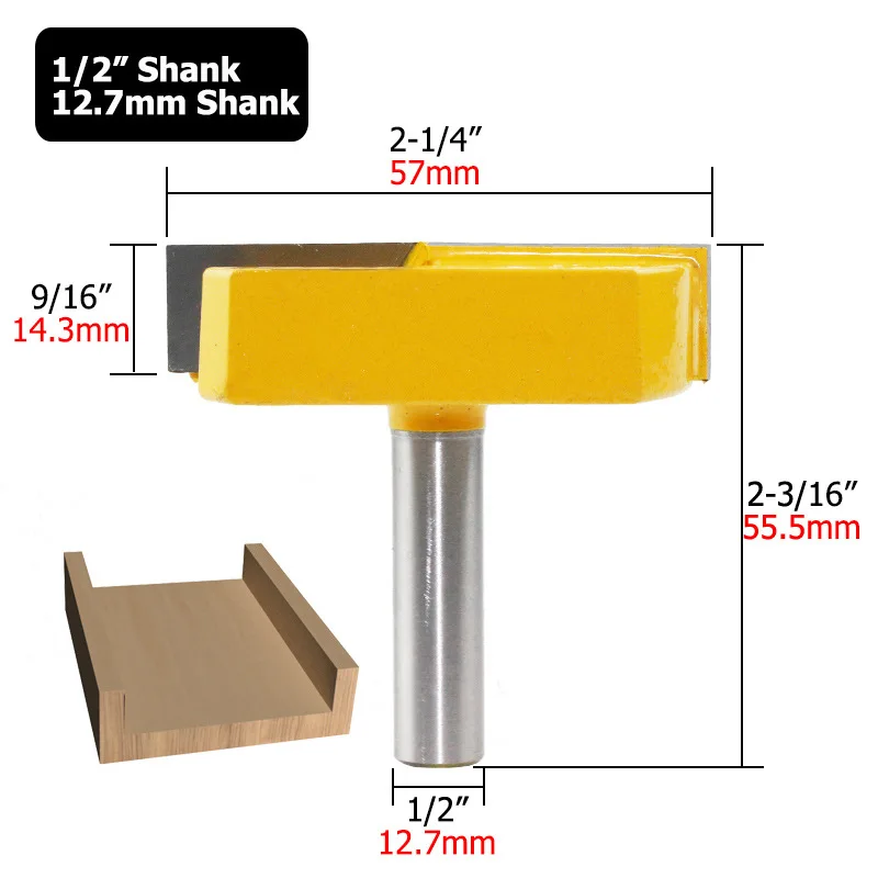 1/2 handle, 8 handle woodworking milling cutter, large diameter, bottom cleaning cutter, yellow paint 12.7mm