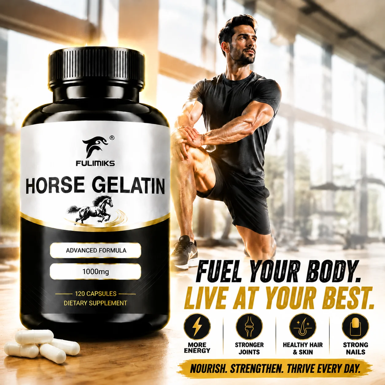 Horse Gelatin Supplement Capsules, Premium Formula, Anti Aging, Support Skin Care Joint Health, Immune System & Energy Boost