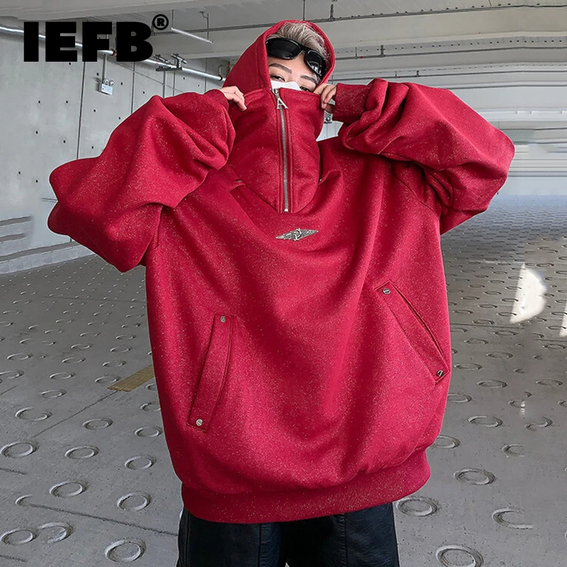 IEFB Letter Printing Men's Hoodies Sequins Metal Design Solid Color Hooded Loose Shoulder Padded Male Sweatshirts Chic 9W213