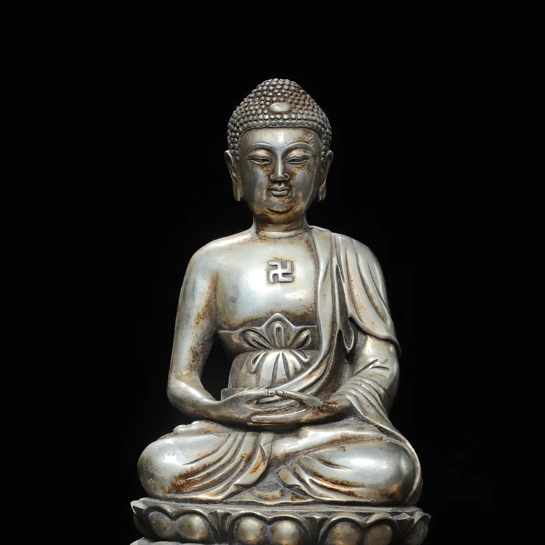 Old Bronze Gilded Silver Amitabha Buddha Sitting on the Buddha's Platform Northern Wei Buddha Shakyamuni Worship Hall