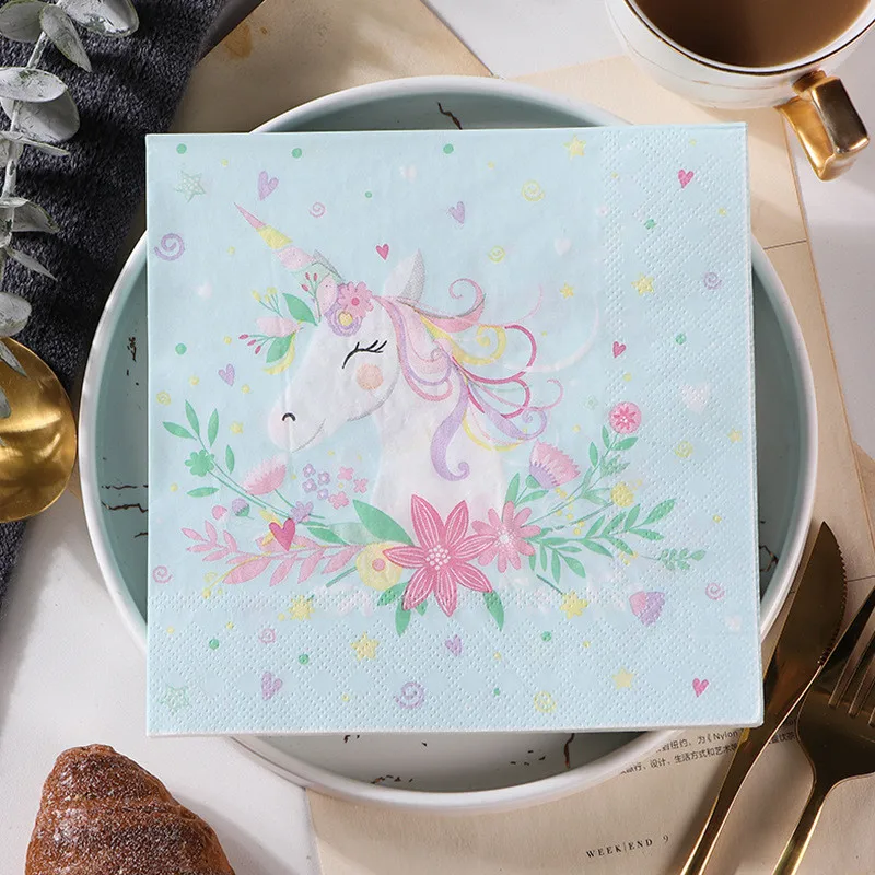 

20Pcs Cartoon Blue Unicorn Flower Printed Tissue Napkins Paper Wedding Birthday Party Decoration Supplies