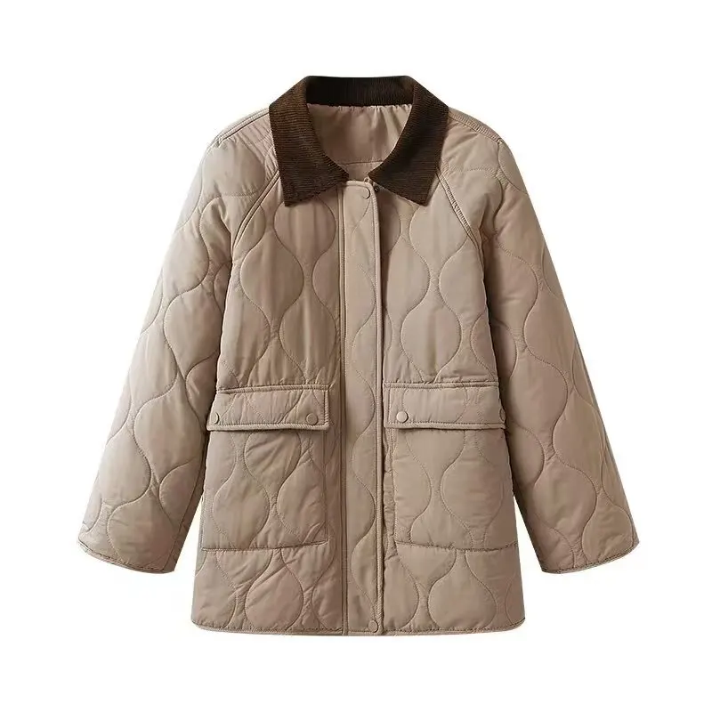 Klassiek patchworkjack voor dames Herfst Winter Los gewatteerd Warm Turn-Down kraag Katoenen jas Lange mouw Zak-Detail Uitloper