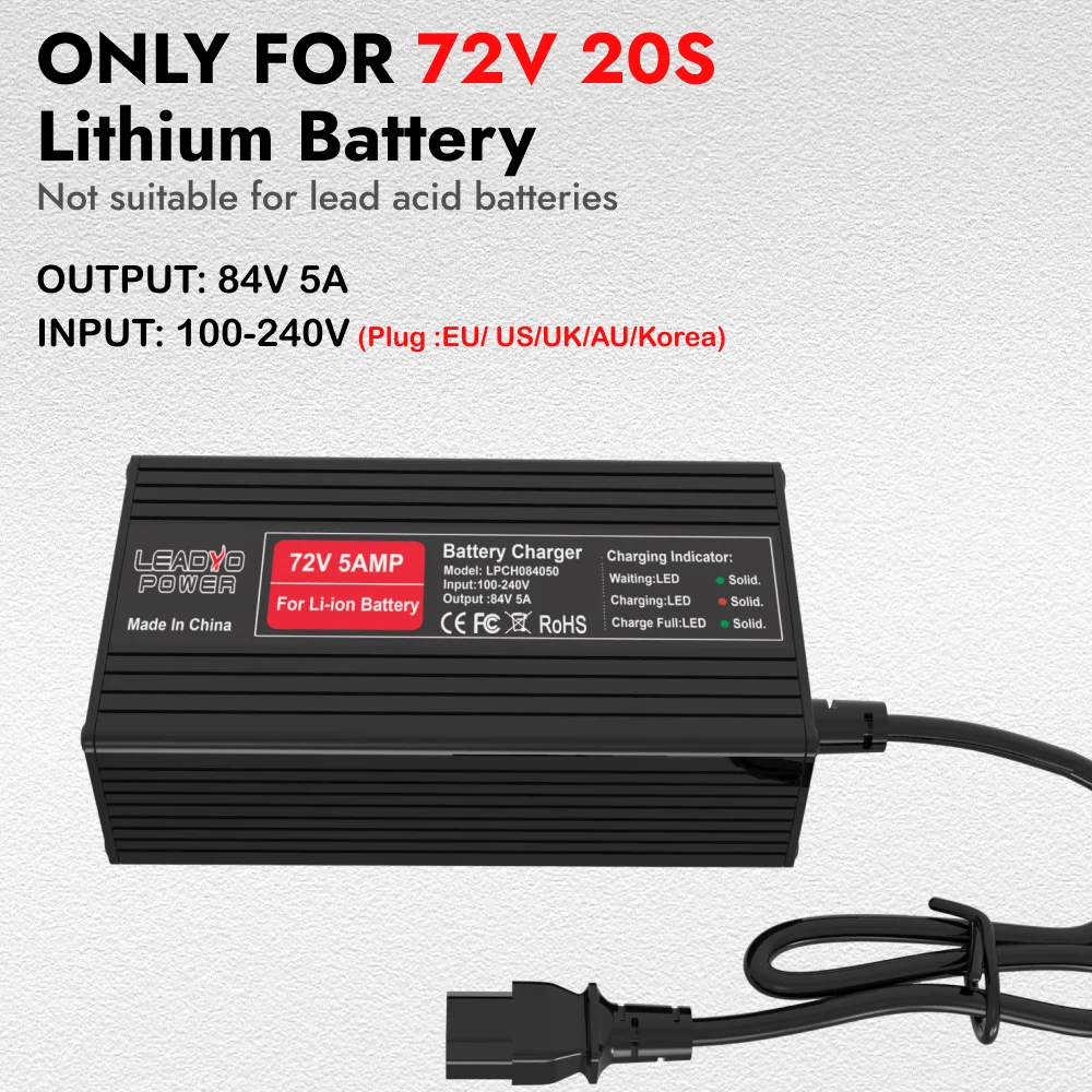 84V 5A Battery Charger 20S 72V Lithium ion battery For ebike Electric Motorcycle With IEC Charger Port