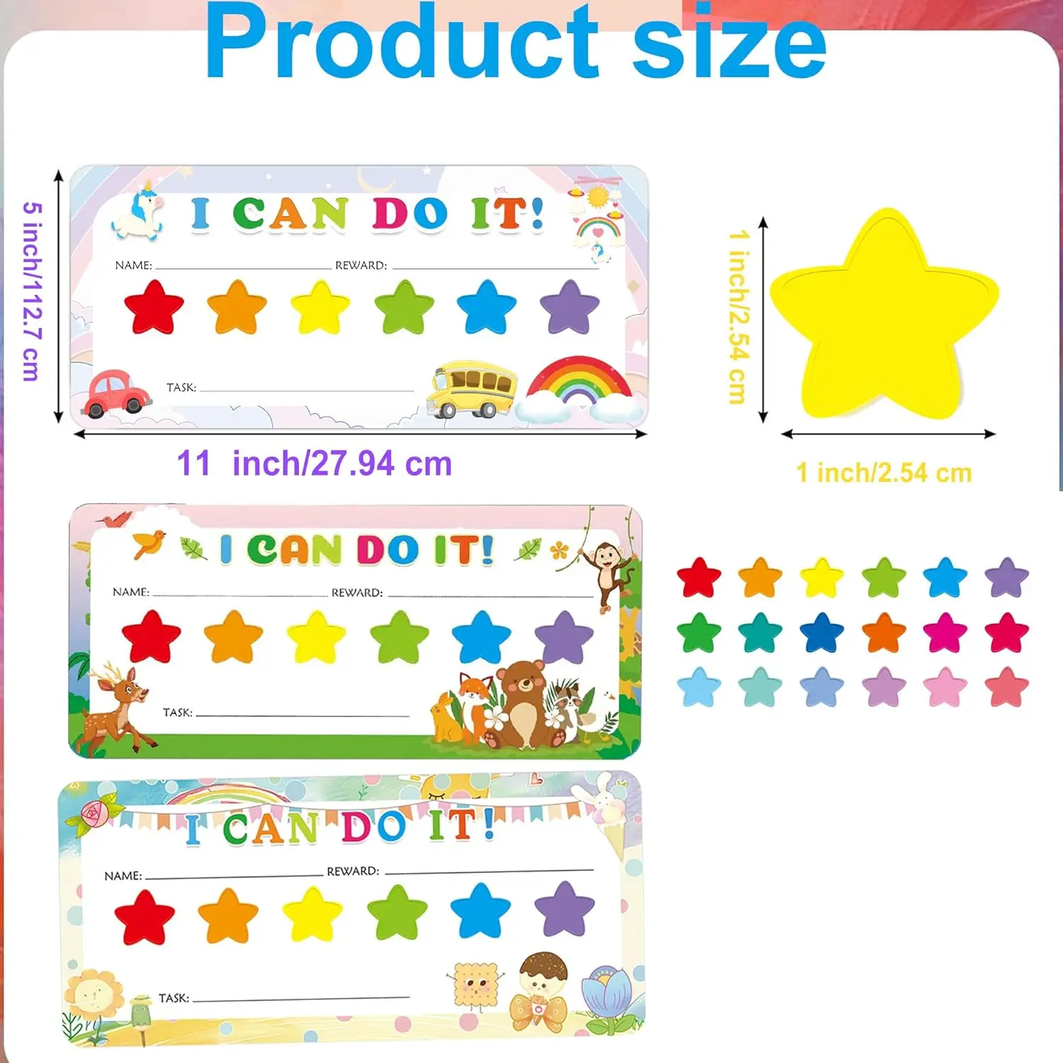 Juego de 3 Tablas Magnéticas de Recompensas 'I Can Do It', con Estrellas Coloridas de Refuerzo Positivo y Caja de Objetivos Personalizable, Incentivo para el Comportamiento