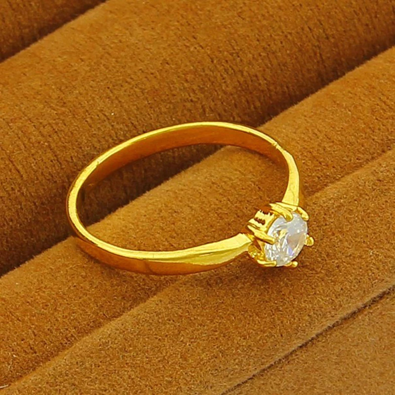 Pure Gold Color Women\'s Finger Ring,24K Gold Plated Simple Wedding Ring with Cubic Zirconia for Ladies Women Jewelry
