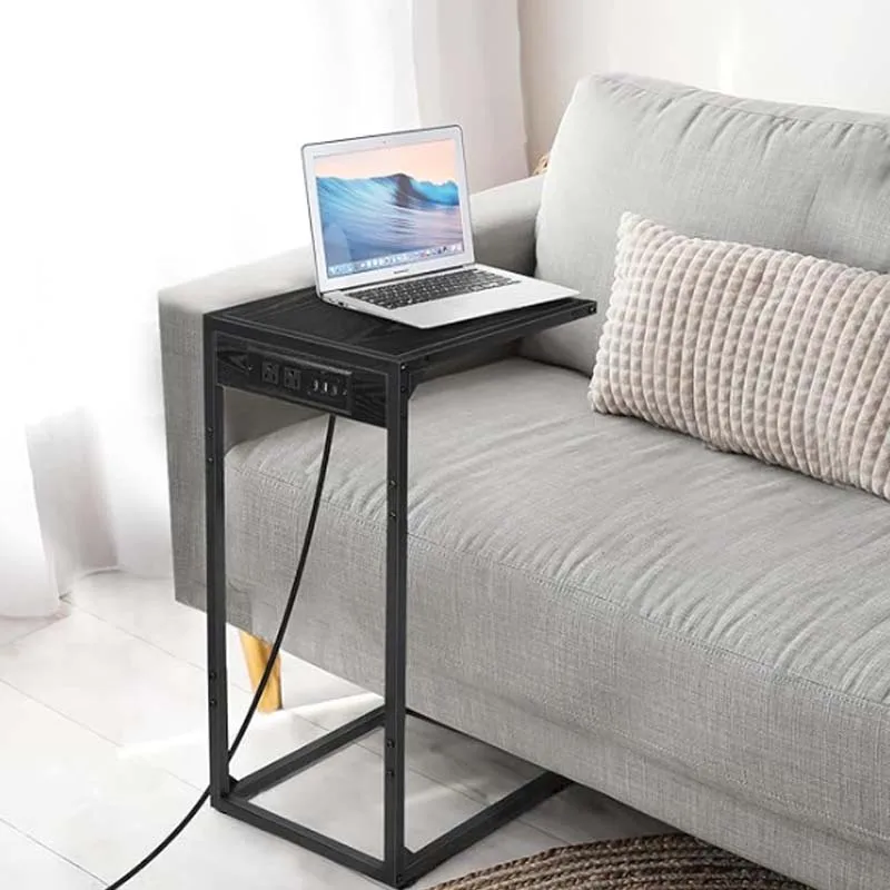 Set of 2 C Shaped End Table with Charging Station,Snack Side Table with Table with USB Ports & Power Outlets,C Tables for Couch