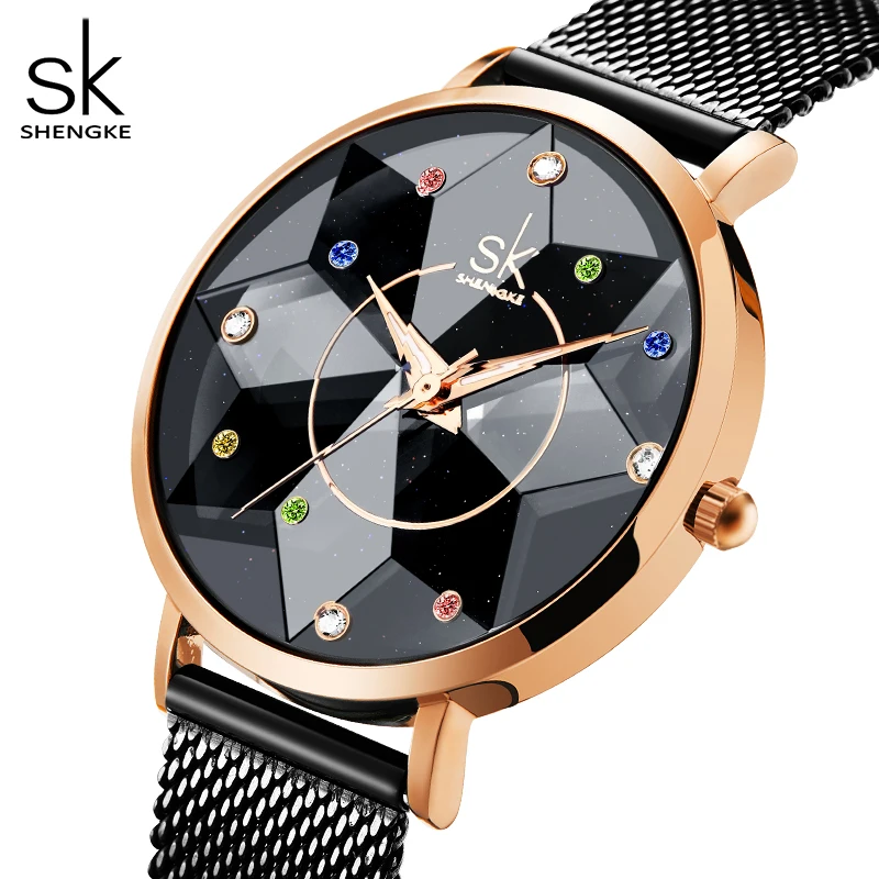 Shengke 2022 New Fashion Watch For Women Cutting Colorful Rhinestone Dial Relogio Feminino Quartz Montre Femme With Gift Box