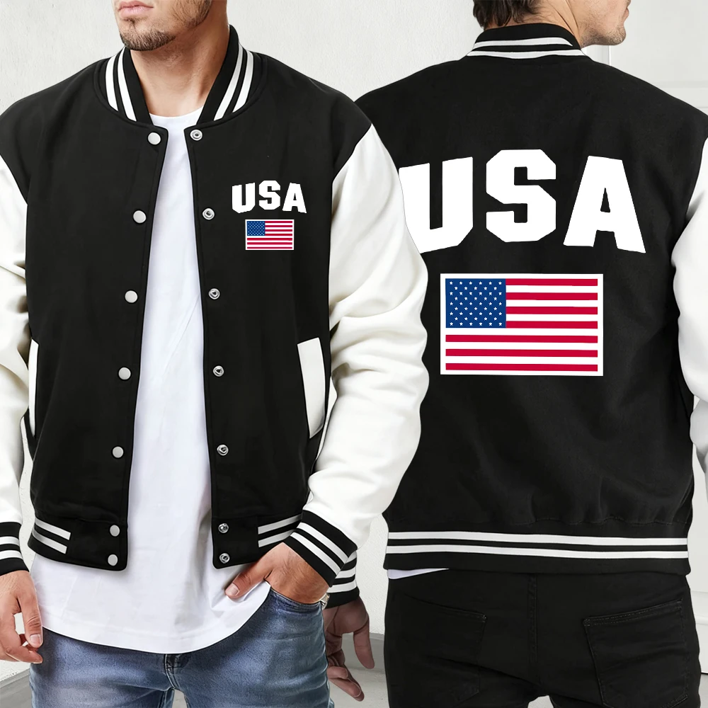 USA Flag Printing  Mens Casual Loose American Jacket Retro Oversized Baseball Jersey Sports Button Menswear Street Autumn Veste