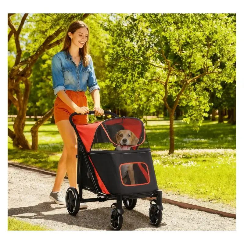 

Складная коляска для домашних животных, дизайн в один клик, амортизирующие колеса, красный цвет